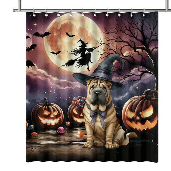 Spooky Halloween Night Witch Chinese Shar-Pei Glowing Pumpkins Shower Curtain Dog Lover Waterproof Bathroom Bathtub Curtain - 12015