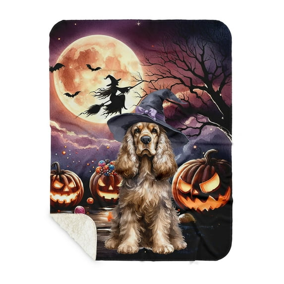 Spooky Halloween Night Witch Cocker Spaniel Glowing Pumpkins Cozy Sherpa Blanket Cockers Dog Lover Gifts Warm Soft Throw Blanket - 12015