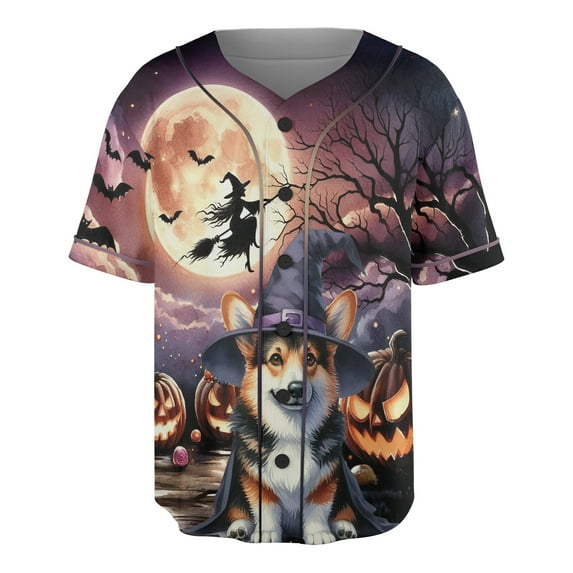 Spooky Halloween Night Witch Corgi Glowing Pumpkins All Over Print 3D Baseball Shirt Welsh Corgi Dog Lover Gifts Idea Softball Sport - 12015