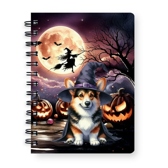 Spooky Halloween Night Witch Corgi Glowing Pumpkins Spiral Bound Journal Welsh Corgi Dog Lover Gifts Idea 5x7in Spiral Notebook - 12015