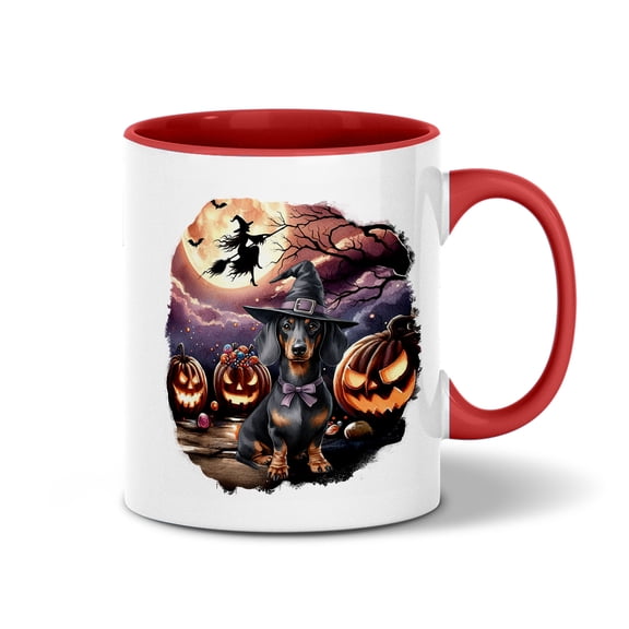 Spooky Halloween Night Witch Dachshund Glowing Pumpkins 11oz Accent Two-tone Mug Wiener Dog Lover Gifts Idea Coffee Tea Cup - 12015
