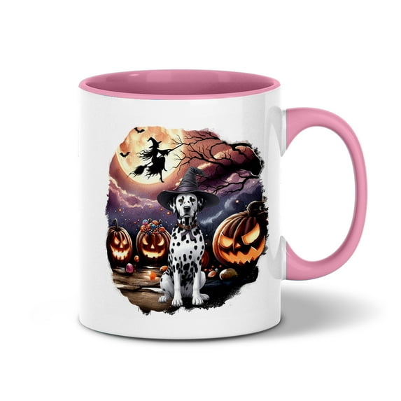Spooky Halloween Night Witch Dalmatian Glowing Pumpkins 11oz Accent Two-tone Mug Dog Lover Coffee Tea Cup - 12015