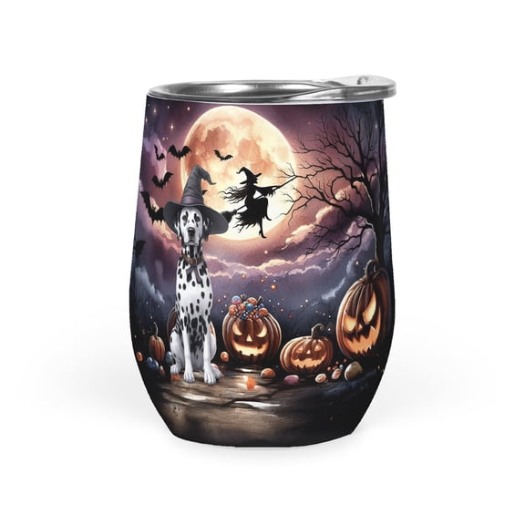 Spooky Halloween Night Witch Dalmatian Glowing Pumpkins 12oz Stainless Steel Wine Tumbler Insulated Cup with Lid Dog Lover - 12015