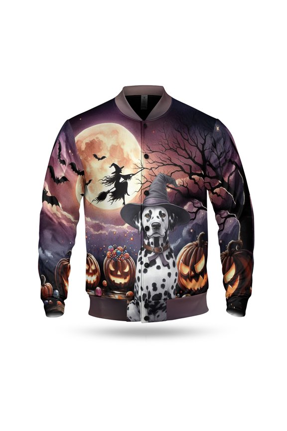 Spooky Halloween Night Witch Dalmatian Glowing Pumpkins All Over Print 3D Baseball Jacket Dog Lover Bomber Jacket Softball - 12015
