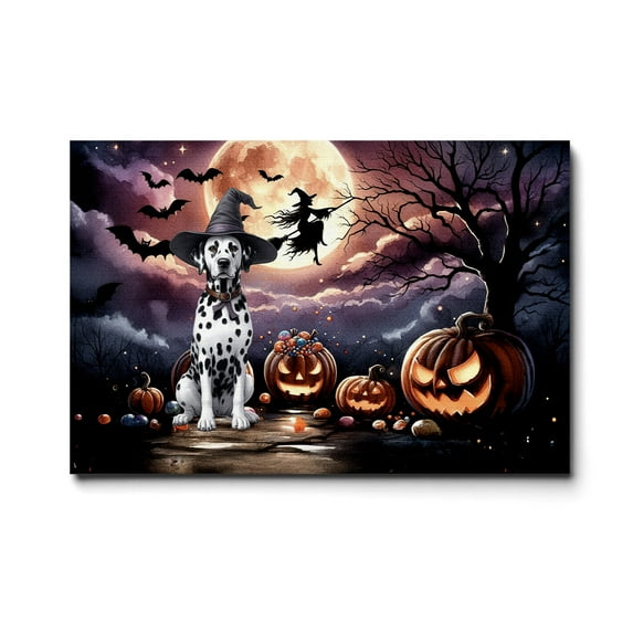 Spooky Halloween Night Witch Dalmatian Glowing Pumpkins Horizontal Matte Canvas Poster Dog Lover Wall Art Home Decor - 12015
