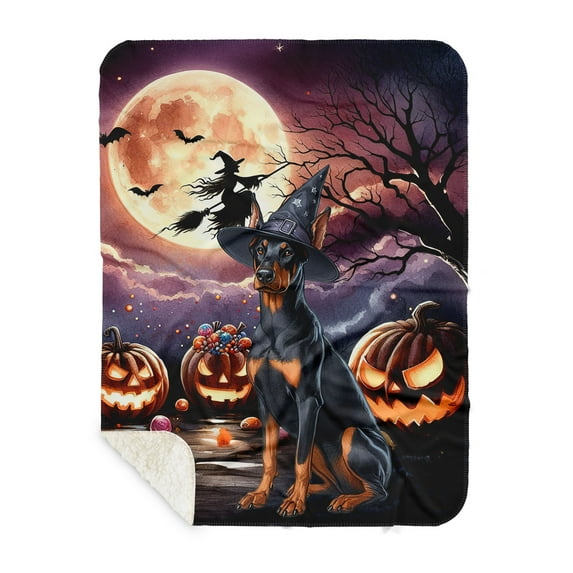 Spooky Halloween Night Witch Doberman Pinscher Glowing Pumpkins Cozy Sherpa Blanket Doberman Dog Lover Gifts Warm Soft Throw Blanket - 12015