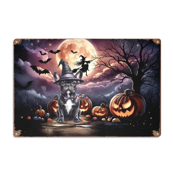 Spooky Halloween Night Witch French Bulldog Glowing Pumpkins Horizontal Metal Aluminum Sign Dog Lover Gifts Wall Art Home Decor - 12015