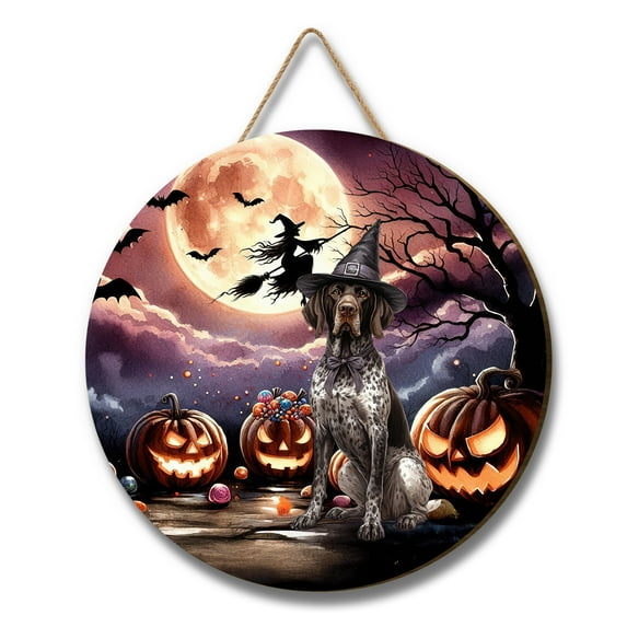 Spooky Halloween Night Witch German Shorthaired Pointer Glowing Pumpkins Round Wood Sign GSP Lover Dog Gift Hanging Wall Home Decor - 12015