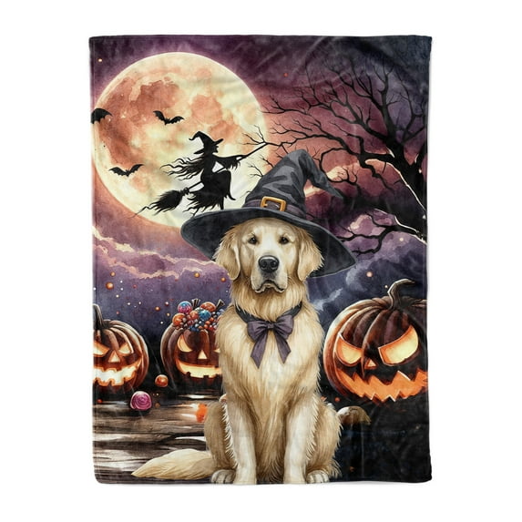 Spooky Halloween Night Witch Golden Retriever Glowing Pumpkins Cozy Fleece Blanket Goldens Dog Lover Gifts Idea Warm Soft Throw Blanket - 12015