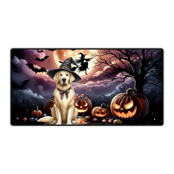 Spooky Halloween Night Witch Golden Retriever Glowing Pumpkins Desk Mat Full Keyboard Mouse Pad Goldens Dog Lover Gifts Idea Large Mousepad - 12015