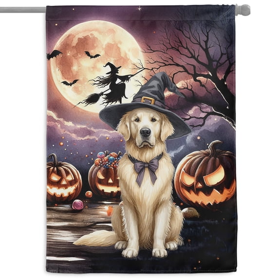 Spooky Halloween Night Witch Golden Retriever Glowing Pumpkins House Flag 28x40in Double Sided Goldens Dog Lover Gifts Idea Outdoor Decor - 12015
