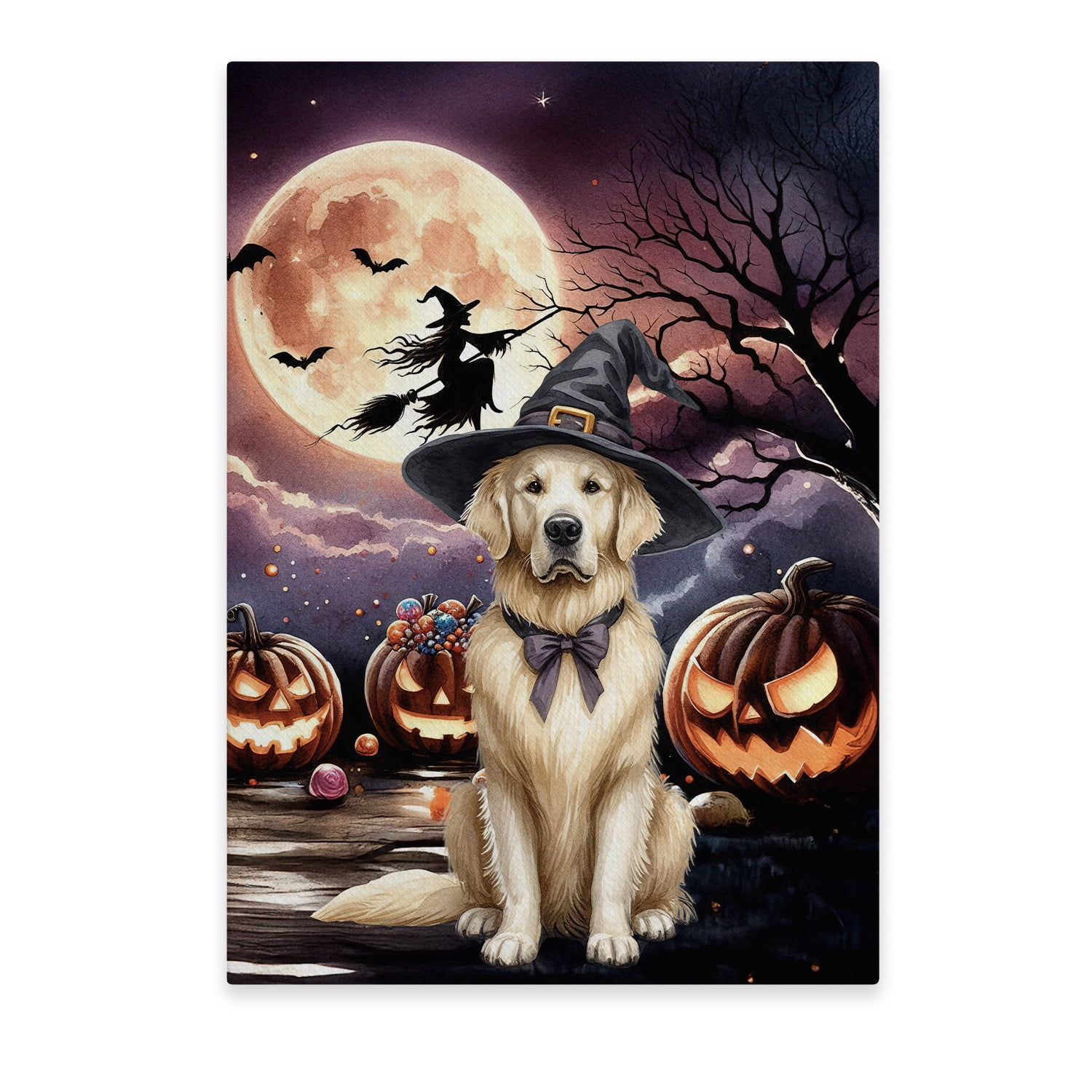 Spooky Halloween Night Witch Golden Retriever Glowing Pumpkins Vertical ...