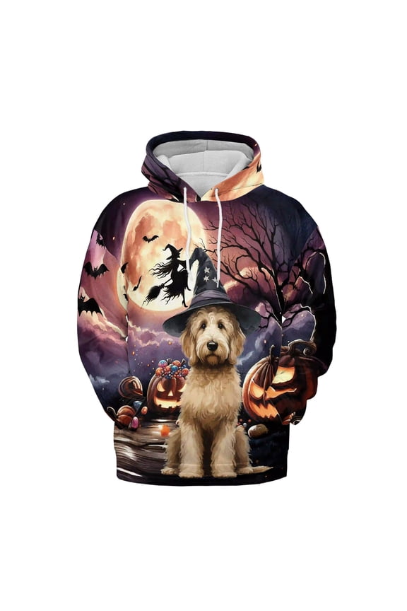 Spooky Halloween Night Witch Goldendoodle Glowing Pumpkins All Over Print 3D Hoodie Unisex Merch Hoodies Doodle Dog Lover Gifts Idea - 12015