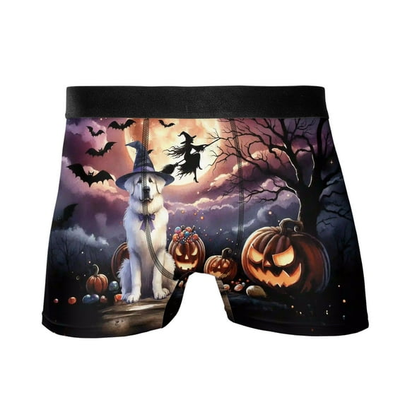 Spooky Halloween Night Witch Great Pyrenees Glowing Pumpkins All Over Print Boxer Briefs Underwear for Men Dad Pyr Dog Lover - 12015