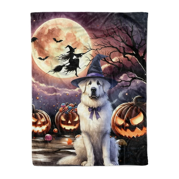Spooky Halloween Night Witch Great Pyrenees Glowing Pumpkins Cozy Fleece Blanket Pyr Dog Lover Warm Soft Throw Blanket - 12015