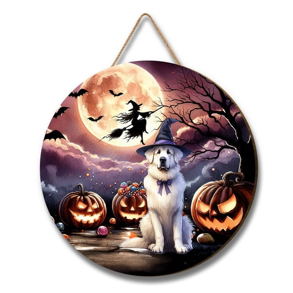 Spooky Halloween Night Witch Great Pyrenees Glowing Pumpkins Round Wood Sign Pyr Dog Lover Hanging Wall Home Decor - 12015