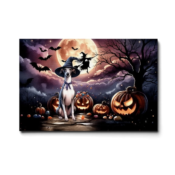 Spooky Halloween Night Witch Italian Greyhound Glowing Pumpkins Horizontal Matte Canvas Poster Greyhound Dog Lover Wall Art Home Decor - 12015