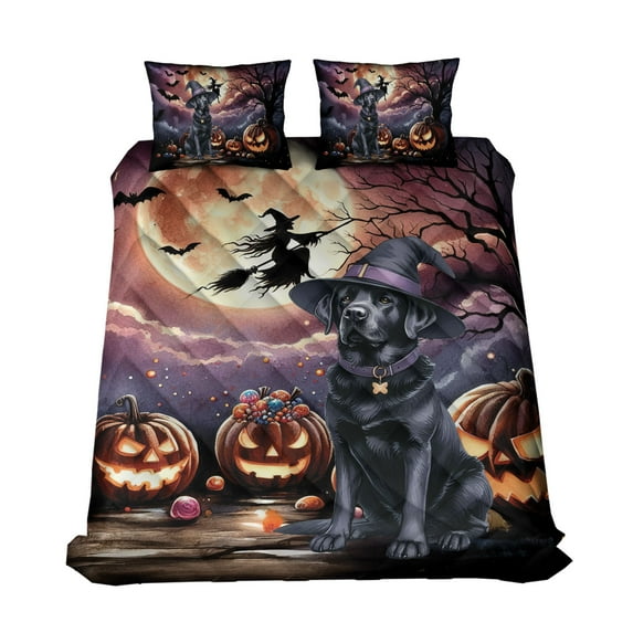 Spooky Halloween Night Witch Labrador Retriever Glowing Pumpkins Quilt Bedding Set Lab Dog Lover Gifts 1 Blanket Bed Cover 2 Pillowcases - 12015