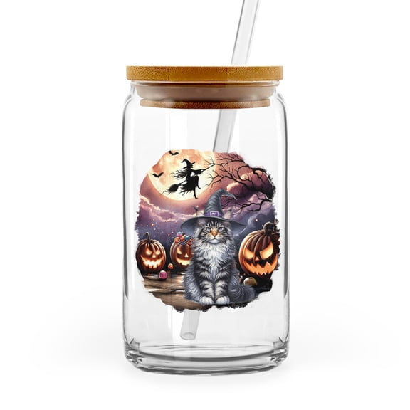Spooky Halloween Night Witch Maine Coon Glowing Pumpkins 16oz Glass Cup Mug Cat Lover Kitten Owner Gifts Glass Can with Bamboo Lid and Straw - 12015