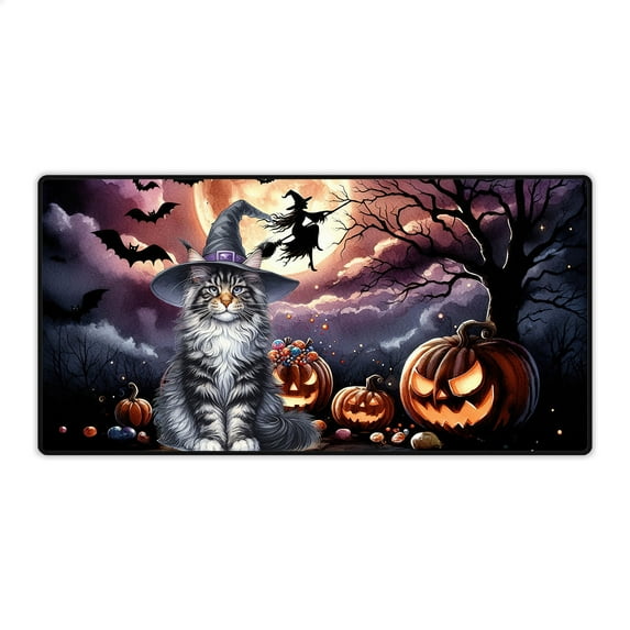 Spooky Halloween Night Witch Maine Coon Glowing Pumpkins Desk Mat Full Keyboard Mouse Pad Cat Lover Kitten Owner Gifts Large Mousepad - 12015