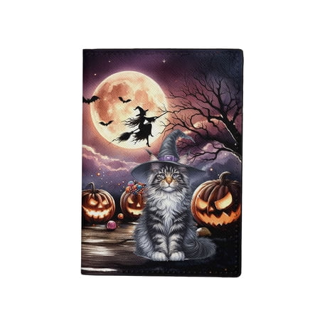 Spooky Halloween Night Witch Maine Coon Glowing Pumpkins Travel Passport Wallet Cat Lover Kitten Owner Gifts PU Leather Passport Holder Cover - 12015