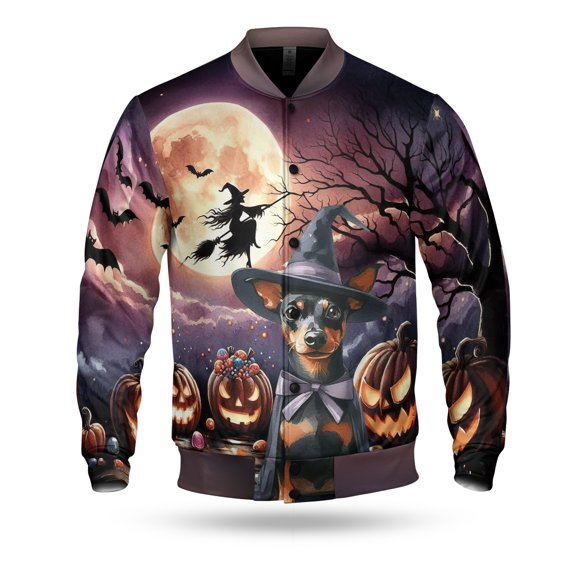 Spooky Halloween Night Witch Miniature Pinscher Glowing Pumpkins All Over Print 3D Baseball Jacket Mini Pin Dog Lover Bomber Jacket Softball - 12015