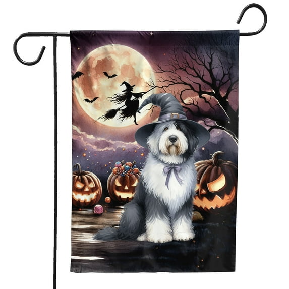 Spooky Halloween Night Witch Old English Sheepdog Glowing Pumpkins Garden Flag 12x18in Double Sided Dog Lover Outdoor Decor - 12015