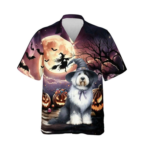Spooky Halloween Night Witch Old English Sheepdog Glowing Pumpkins Hawaiian Shirt Breathable Summer Unisex Merch Dog Lover - 12015