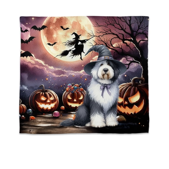 Spooky Halloween Night Witch Old English Sheepdog Glowing Pumpkins Tapestry Dog Lover Wall Hanging Backdrop Home Decor - 12015