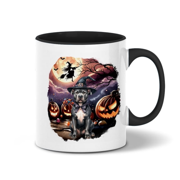 Spooky Halloween Night Witch Pitbull Glowing Pumpkins 11oz Accent Two-tone Mug Terrier Dog Lover Coffee Tea Cup - 12015