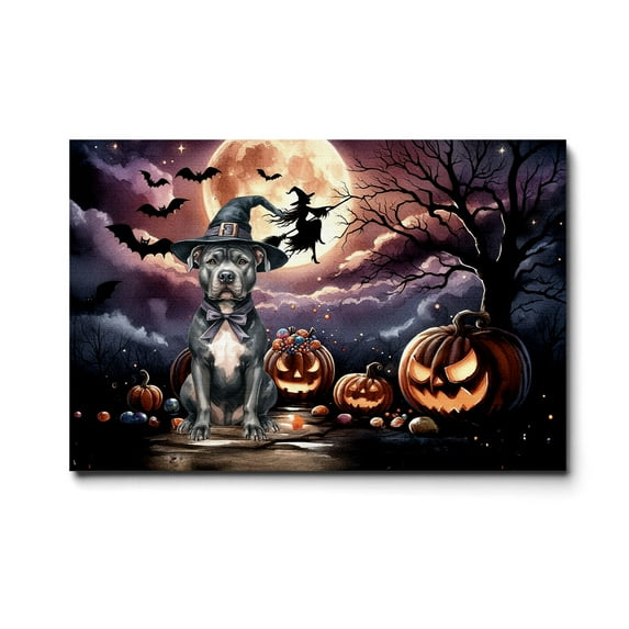 Spooky Halloween Night Witch Pitbull Glowing Pumpkins Horizontal Matte Canvas Poster Terrier Dog Lover Wall Art Home Decor - 12015