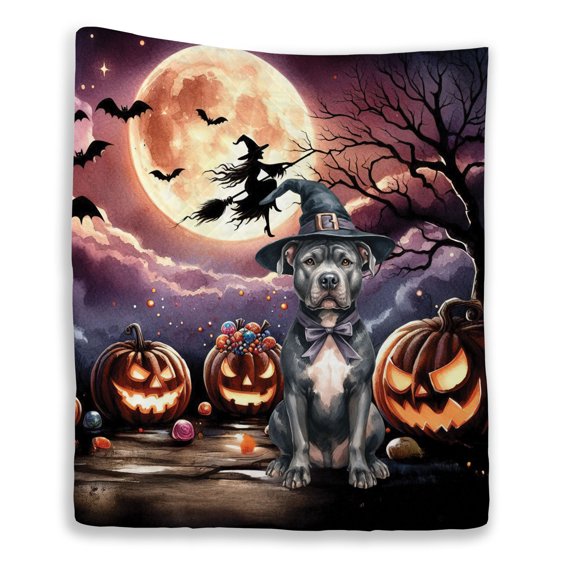Spooky Halloween Night Witch Pitbull Glowing Pumpkins Quilt Blanket Terrier Dog Lover Cozy Comforter Throw Blanket - 12015