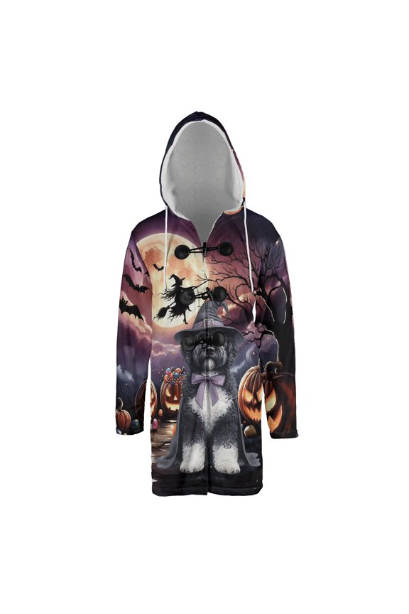 Spooky Halloween Night Witch Portuguese Water Dog Glowing Pumpkins All Over Print 3D Hooded Duffle Toggle Coat PWD Portie Fishing Dog Lover - 12015