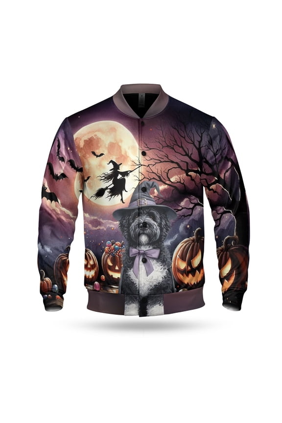 Spooky Halloween Night Witch Portuguese Water Dog Glowing Pumpkins All Over Print 3D Baseball Jacket PWD Portie Fishing Dog Lover Bomber Jacket Softball - 12015