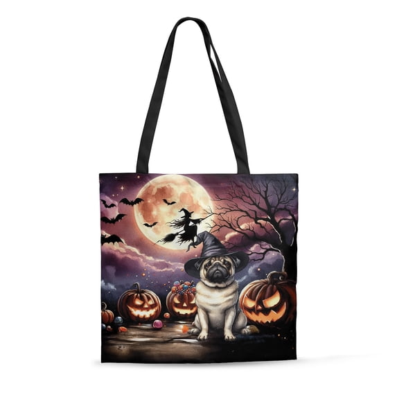 Spooky Halloween Night Witch Pug Glowing Pumpkins All Over Print 3D Canvas Tote Bag Dog Lover Gifts Reusable Handbag - 12015