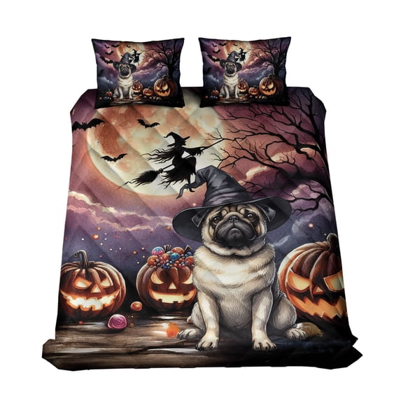 Spooky Halloween Night Witch Pug Glowing Pumpkins Quilt Bedding Set Dog Lover Gifts 1 Blanket Bed Cover 2 Pillowcases - 12015