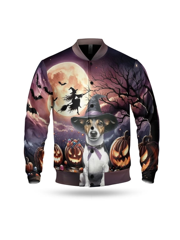 Spooky Halloween Night Witch Rat Terrier Glowing Pumpkins All Over Print 3D Baseball Jacket Ratty Dog Lover Bomber Jacket Softball - 12015