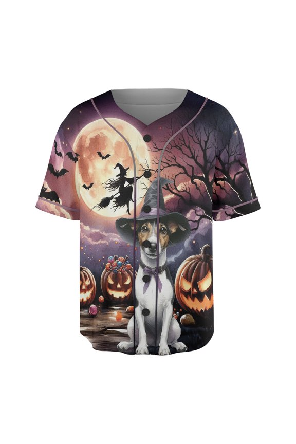 Spooky Halloween Night Witch Rat Terrier Glowing Pumpkins All Over Print 3D Baseball Shirt Ratty Dog Lover Softball Sport - 12015