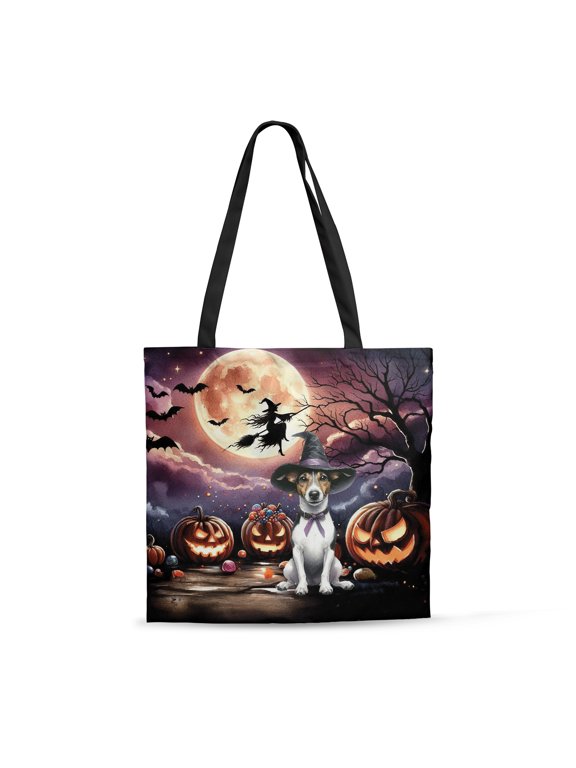 Spooky Halloween Night Witch Rat Terrier Glowing Pumpkins All Over Print 3D Canvas Tote Bag Ratty Dog Lover Reusable Handbag - 12015