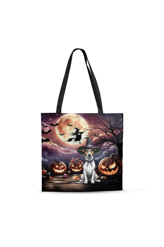 Spooky Halloween Night Witch Rat Terrier Glowing Pumpkins All Over Print 3D Canvas Tote Bag Ratty Dog Lover Reusable Handbag - 12015
