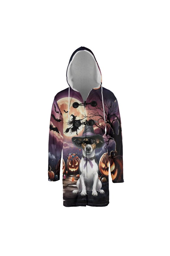 Spooky Halloween Night Witch Rat Terrier Glowing Pumpkins All Over Print 3D Hooded Duffle Toggle Coat Ratty Dog Lover - 12015