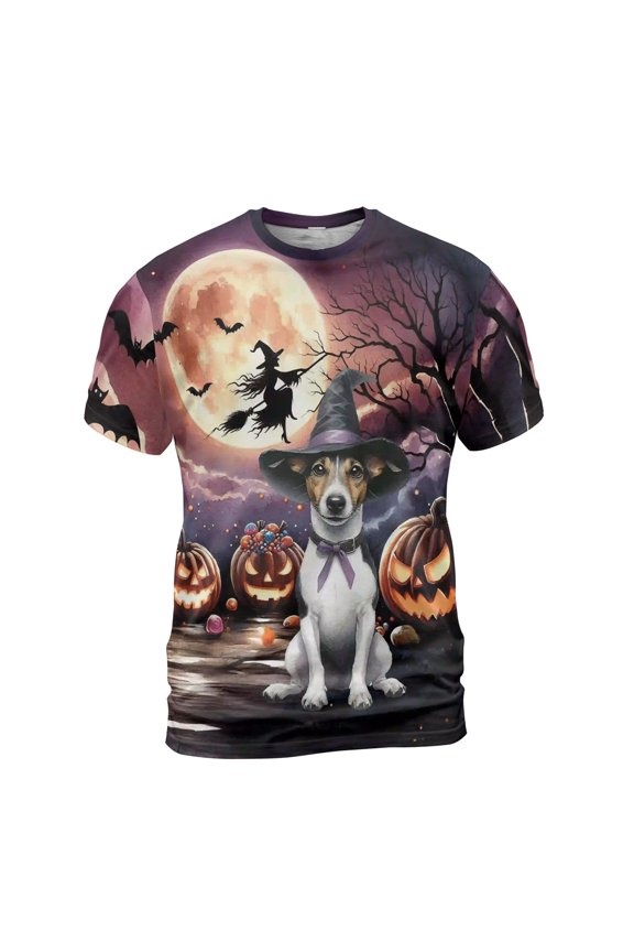 Spooky Halloween Night Witch Rat Terrier Glowing Pumpkins All Over Print 3D Shirt Unisex Merch Ratty Dog Lover - 12015