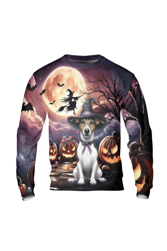 Spooky Halloween Night Witch Rat Terrier Glowing Pumpkins All Over Print 3D Sweatshirt Unisex Merch Ratty Dog Lover - 12015