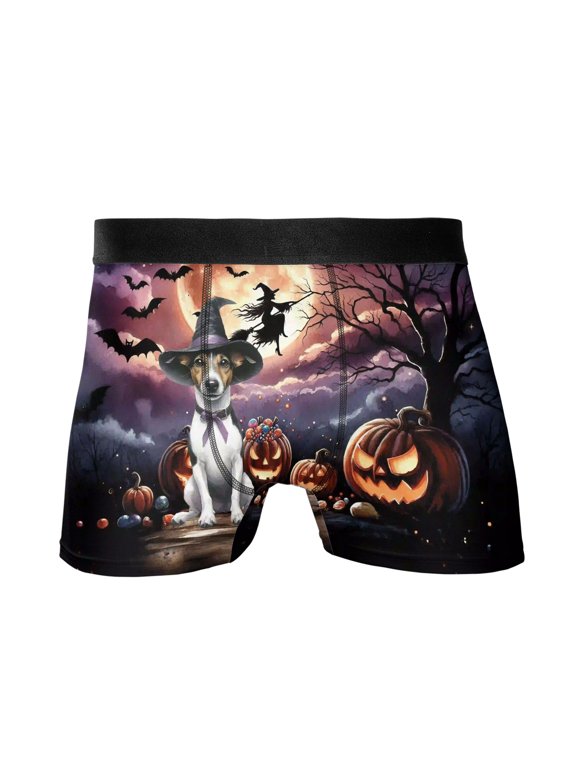 Spooky Halloween Night Witch Rat Terrier Glowing Pumpkins All Over Print Boxer Briefs Underwear for Men Dad Ratty Dog Lover - 12015