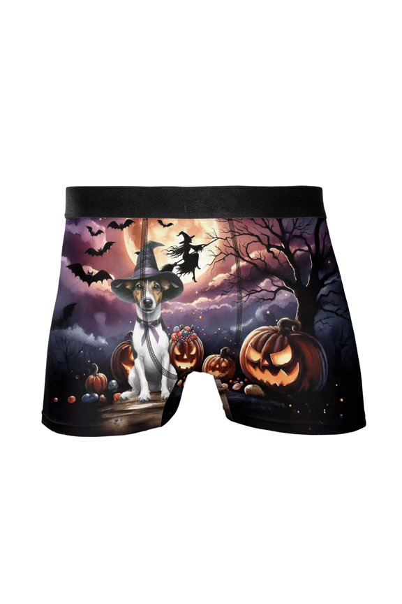 Spooky Halloween Night Witch Rat Terrier Glowing Pumpkins All Over Print Boxer Briefs Underwear for Men Dad Ratty Dog Lover - 12015