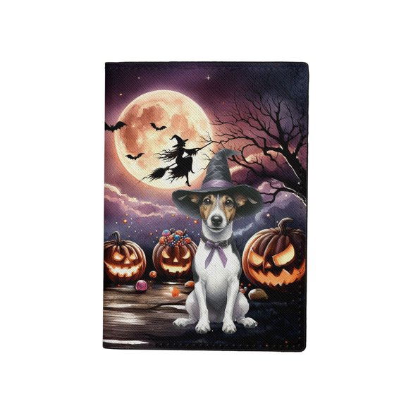 Spooky Halloween Night Witch Rat Terrier Glowing Pumpkins Travel Passport Wallet Ratty Dog Lover PU Leather Passport Holder Cover - 12015