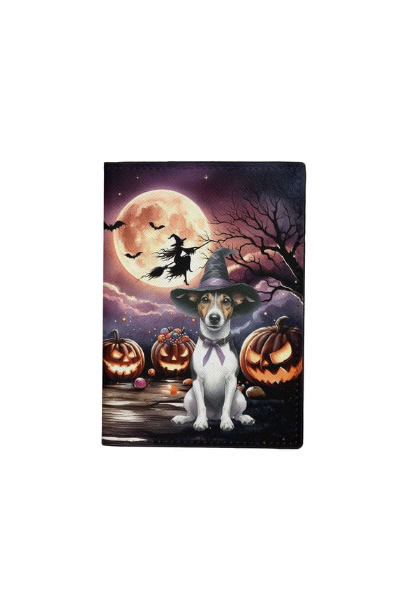 Spooky Halloween Night Witch Rat Terrier Glowing Pumpkins Travel Passport Wallet Ratty Dog Lover PU Leather Passport Holder Cover - 12015