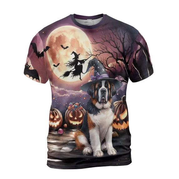 Spooky Halloween Night Witch Saint Bernard Glowing Pumpkins All Over Print 3D Shirt Unisex Merch St Dog Lover - 12015