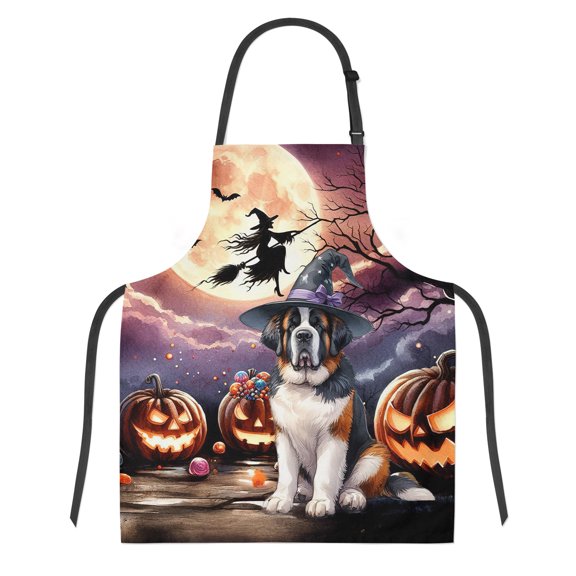 Spooky Halloween Night Witch Saint Bernard Glowing Pumpkins Apron St Dog Lover for Cooking Grilling Baking Painting Gardening - 12015