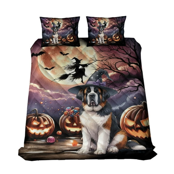 Spooky Halloween Night Witch Saint Bernard Glowing Pumpkins Quilt Bedding Set St Dog Lover 1 Blanket Bed Cover 2 Pillowcases - 12015